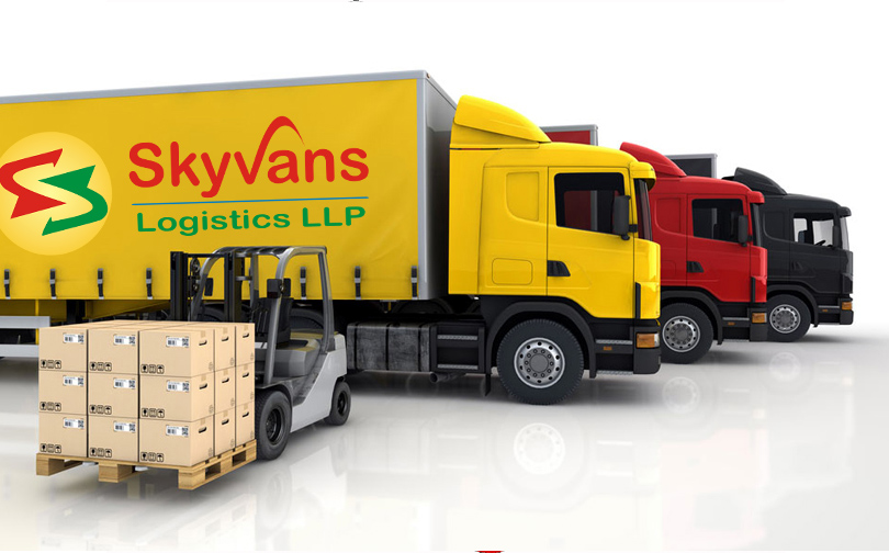 Branded freight trucks and forklift handling cargo for distribution