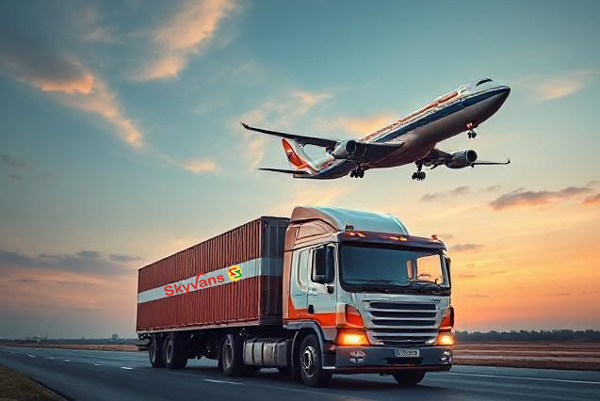 Freight truck and aircraft representing connected road and air logistics